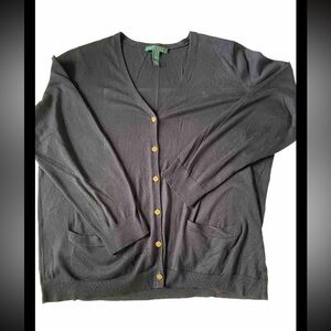 Lauren Ralph Lauren Women’s Size 1X Navy Cardigan Cotton Pockets Gold Bu…